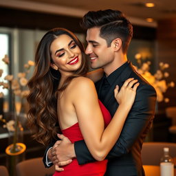 A captivating and alluring scene featuring two attractive people embracing intimately in a modern, stylish setting