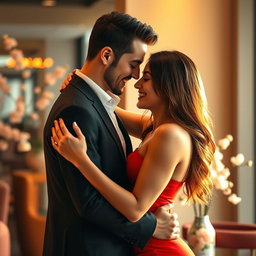 A captivating and alluring scene featuring two attractive people embracing intimately in a modern, stylish setting