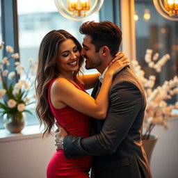A captivating and alluring scene featuring two attractive people embracing intimately in a modern, stylish setting