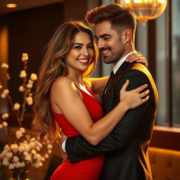 A captivating and alluring scene featuring two attractive people embracing intimately in a modern, stylish setting