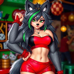 A super sexy furry female wolf character featuring striking gray fur with a single vibrant green stripe running through her locks