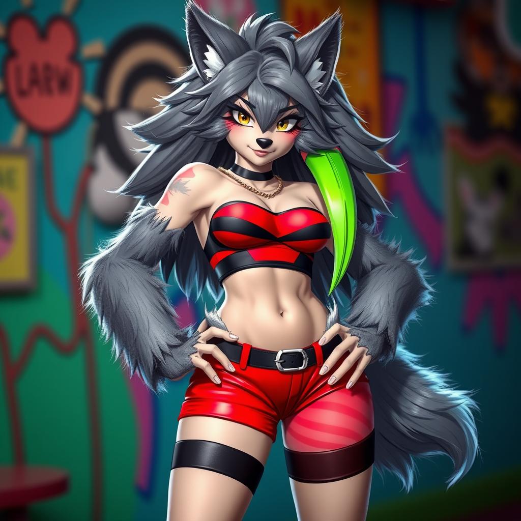 A super sexy furry female wolf character featuring striking gray fur with a single vibrant green stripe running through her locks