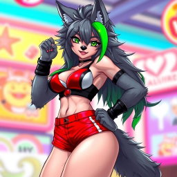 A super sexy furry female wolf character featuring striking gray fur with a single vibrant green stripe running through her locks