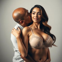 A 39-year-old Indonesian man with pure white skin is gently hugging a strikingly beautiful 28-year-old woman from behind while kissing her cheek with deep affection