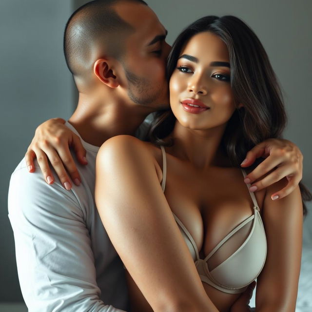 A 39-year-old Indonesian man with pure white skin is gently hugging a strikingly beautiful 28-year-old woman from behind while kissing her cheek with deep affection