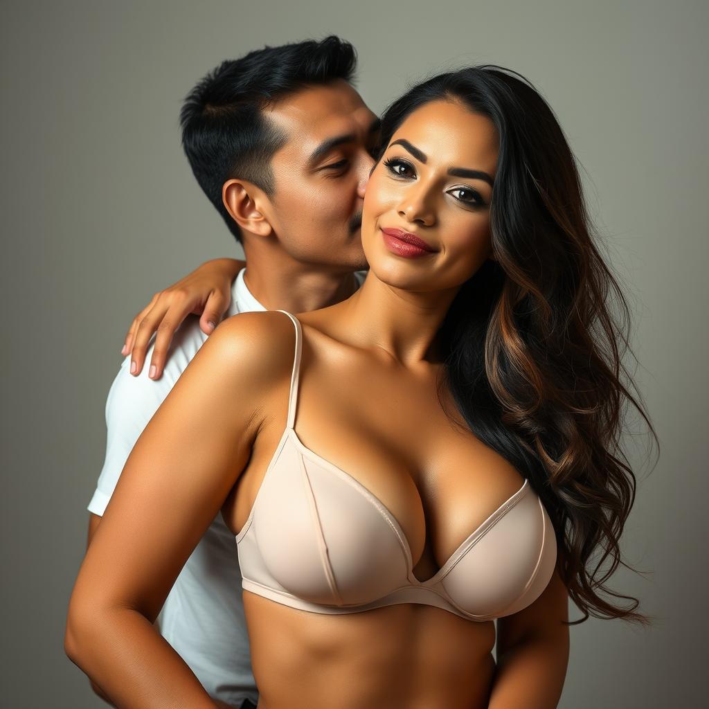 A 39-year-old Indonesian man with pure white skin is gently hugging a strikingly beautiful 28-year-old woman from behind while kissing her cheek with deep affection