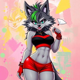 Transform the character into a super sexy furry female wolf with stunning gray fur and a vibrant green stripe in her hair