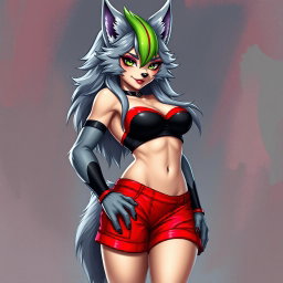 Transform the character into a super sexy furry female wolf with stunning gray fur and a vibrant green stripe in her hair