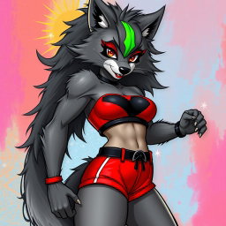 Transform the character into a super sexy furry female wolf with stunning gray fur and a vibrant green stripe in her hair
