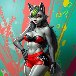 Transform the character into a super sexy furry female wolf with stunning gray fur and a vibrant green stripe in her hair