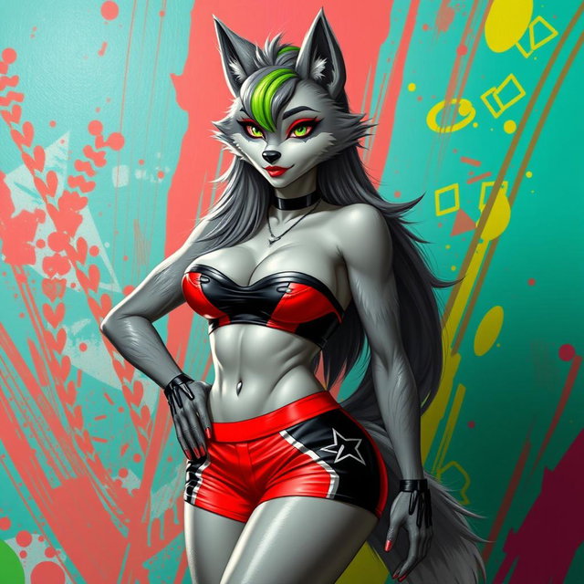 Transform the character into a super sexy furry female wolf with stunning gray fur and a vibrant green stripe in her hair