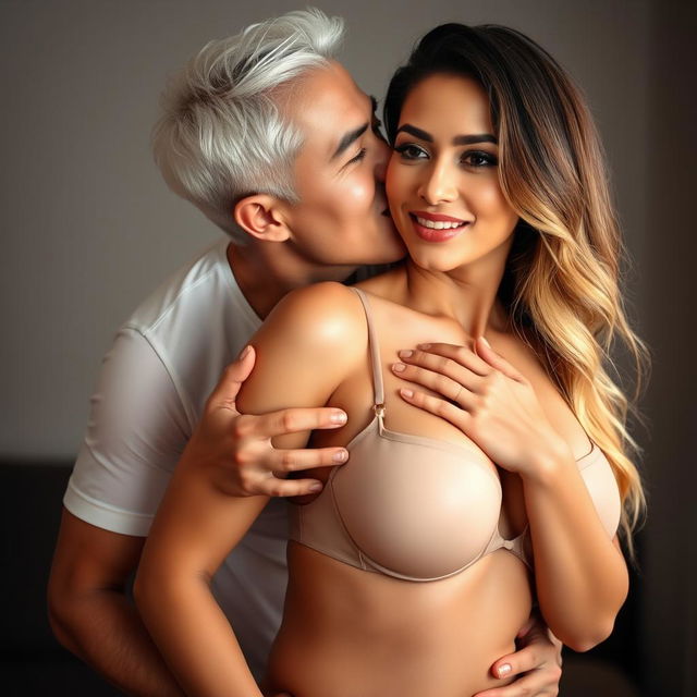 A 39-year-old Indonesian man with pure white skin lovingly embraces a beautiful 28-year-old woman from behind, kissing her cheek affectionately