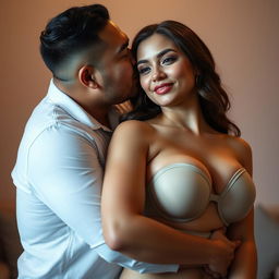 A 39-year-old Indonesian man with pure white skin lovingly embraces a beautiful 28-year-old woman from behind, kissing her cheek affectionately