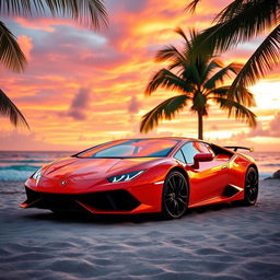 A stunning orange Lamborghini parked on a beautiful beach during sunset, with vibrant colors painting the sky and reflecting on the water
