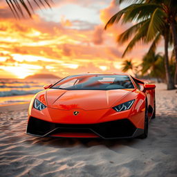 A stunning orange Lamborghini parked on a beautiful beach during sunset, with vibrant colors painting the sky and reflecting on the water