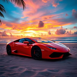 A stunning orange Lamborghini parked on a beautiful beach during sunset, with vibrant colors painting the sky and reflecting on the water