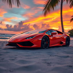 A stunning orange Lamborghini parked on a beautiful beach during sunset, with vibrant colors painting the sky and reflecting on the water