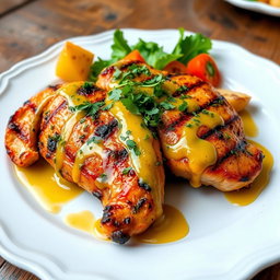 A beautifully plated dish of Pollo a la Parrilla (grilled chicken) drizzled with a luscious honey mustard sauce, garnished with fresh herbs and colorful vegetables, presented on an elegant white plate with a rustic wooden table background