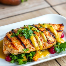 A beautifully plated dish of Pollo a la Parrilla (grilled chicken) drizzled with a luscious honey mustard sauce, garnished with fresh herbs and colorful vegetables, presented on an elegant white plate with a rustic wooden table background