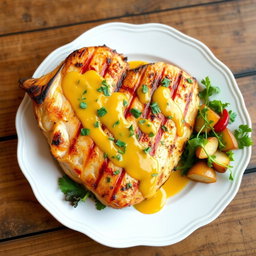 A beautifully plated dish of Pollo a la Parrilla (grilled chicken) drizzled with a luscious honey mustard sauce, garnished with fresh herbs and colorful vegetables, presented on an elegant white plate with a rustic wooden table background