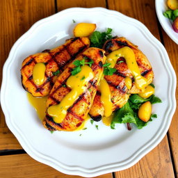A beautifully plated dish of Pollo a la Parrilla (grilled chicken) drizzled with a luscious honey mustard sauce, garnished with fresh herbs and colorful vegetables, presented on an elegant white plate with a rustic wooden table background