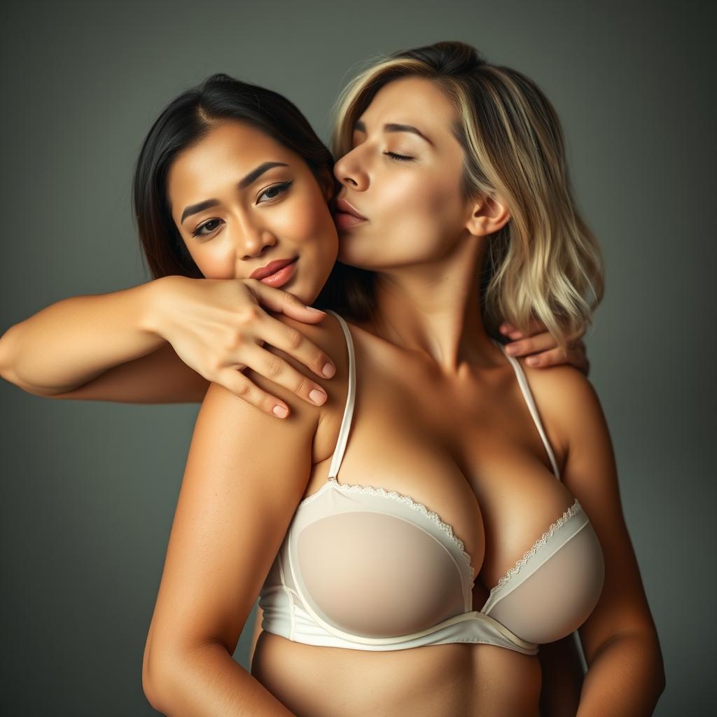 A 39-year-old Indonesian man with pure white skin is affectionately hugging a beautiful 28-year-old woman from behind while kissing her cheek