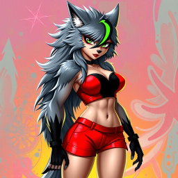 A super sexy furry female wolf with striking gray fur and a bold green stripe in her hair
