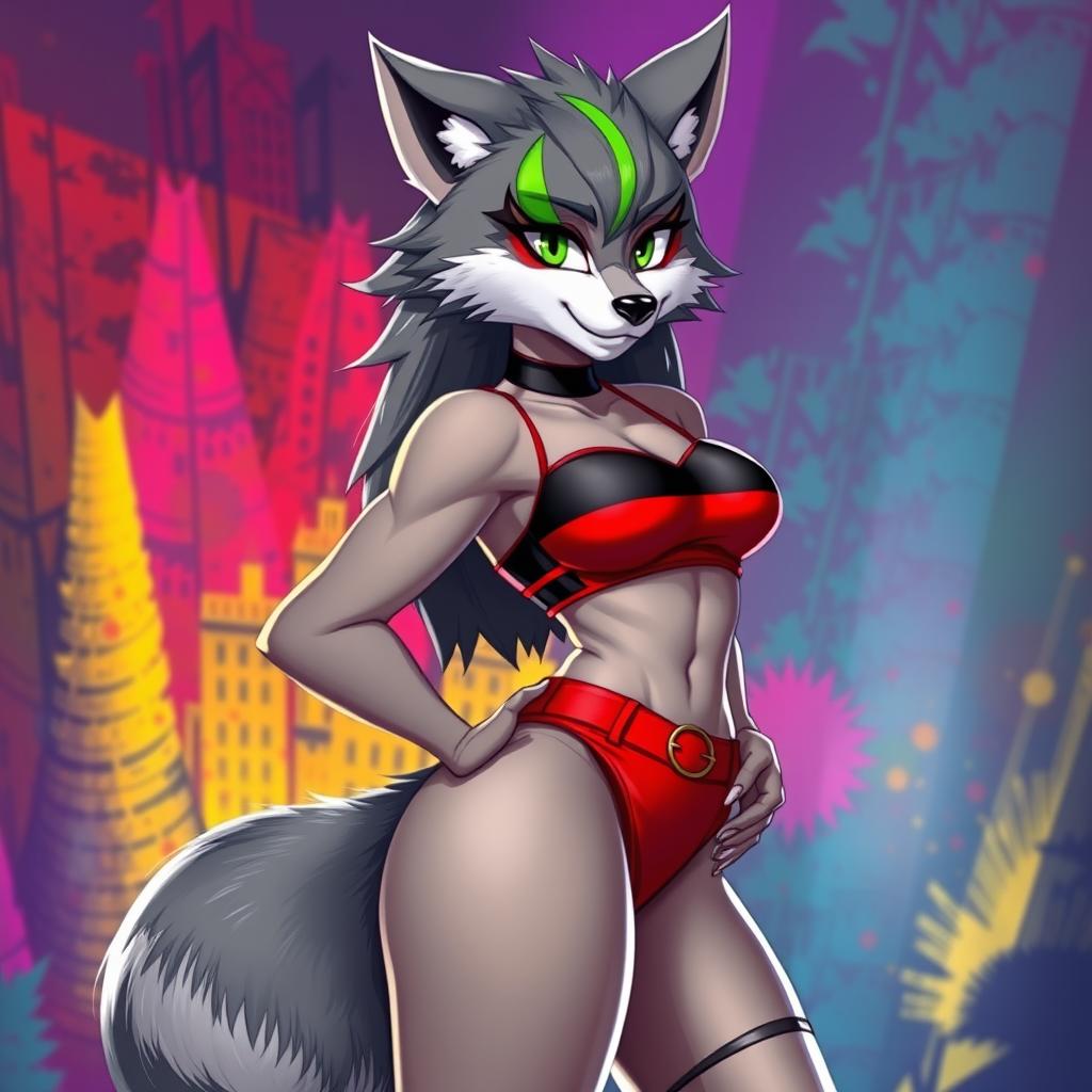 A super sexy furry female wolf with striking gray fur and a bold green stripe in her hair
