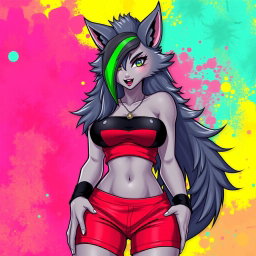 A super sexy furry female wolf with striking gray fur and a bold green stripe in her hair