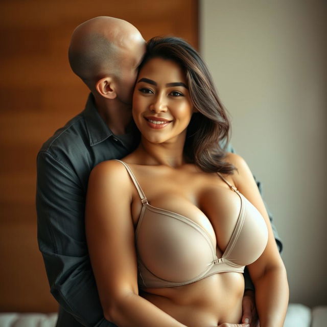 A 39-year-old Indonesian man with pure white skin is affectionately embracing a stunning 28-year-old woman from behind, kissing her cheek with warmth and intimacy