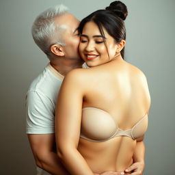 A 39-year-old Indonesian man with pure white skin is affectionately embracing a stunning 28-year-old woman from behind, kissing her cheek with warmth and intimacy