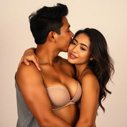 A 39-year-old Indonesian man with pure white skin is affectionately embracing a stunning 28-year-old woman from behind, kissing her cheek with warmth and intimacy