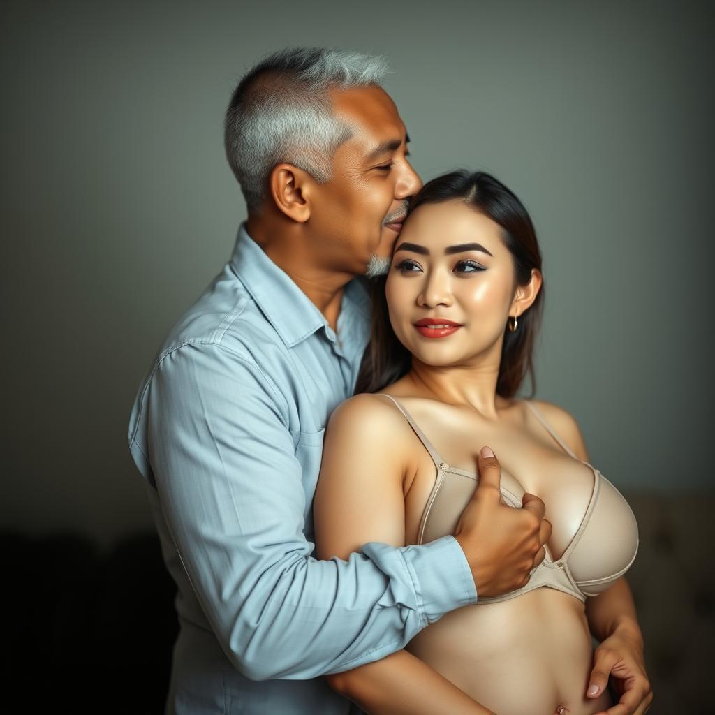 A 39-year-old Indonesian man with pure white skin is affectionately embracing a stunning 28-year-old woman from behind, kissing her cheek with warmth and intimacy