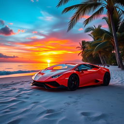 A stunning orange Lamborghini parked on a beautiful beach during sunset, with vibrant colors painting the sky and reflecting on the water