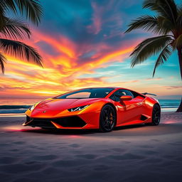 A stunning orange Lamborghini parked on a beautiful beach during sunset, with vibrant colors painting the sky and reflecting on the water