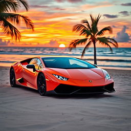 A stunning orange Lamborghini parked on a beautiful beach during sunset, with vibrant colors painting the sky and reflecting on the water
