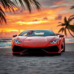 A stunning orange Lamborghini parked on a beautiful beach during sunset, with vibrant colors painting the sky and reflecting on the water