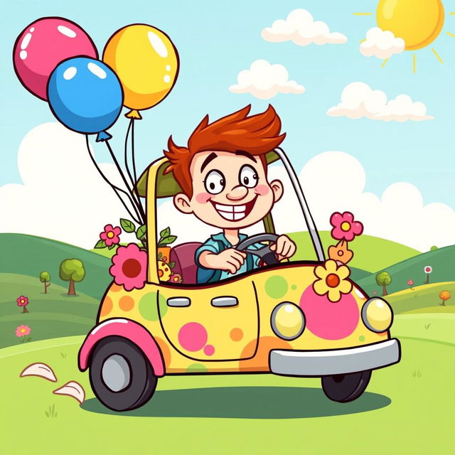 A whimsical cartoon-style illustration of a fun and vibrant scene featuring a quirky character driving a colorful, cartoonish car