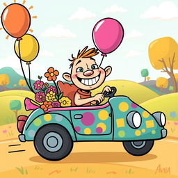 A whimsical cartoon-style illustration of a fun and vibrant scene featuring a quirky character driving a colorful, cartoonish car