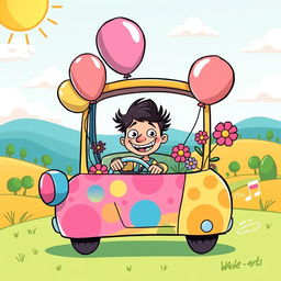 A whimsical cartoon-style illustration of a fun and vibrant scene featuring a quirky character driving a colorful, cartoonish car