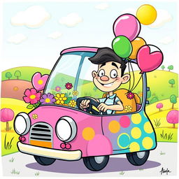 A whimsical cartoon-style illustration of a fun and vibrant scene featuring a quirky character driving a colorful, cartoonish car