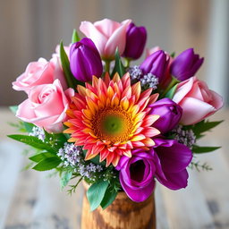 A beautifully arranged bouquet featuring 3 lush pink roses, 3 vibrant purple tulips, and a bright sunflower at the center