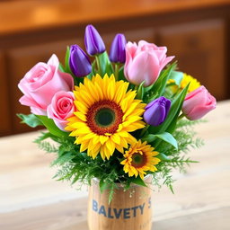 A beautifully arranged bouquet featuring 3 lush pink roses, 3 vibrant purple tulips, and a bright sunflower at the center