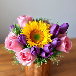 A beautifully arranged bouquet featuring 3 lush pink roses, 3 vibrant purple tulips, and a bright sunflower at the center