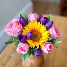 A beautifully arranged bouquet featuring 3 lush pink roses, 3 vibrant purple tulips, and a bright sunflower at the center