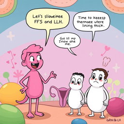 A comic panel featuring anthropomorphized hormones: Estrogen and Progesterone, depicted as two friendly, cartoonish characters, and GnRH and LH as their counterparts