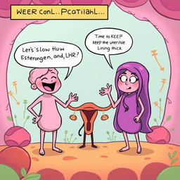A comic panel featuring anthropomorphized hormones: Estrogen and Progesterone, depicted as two friendly, cartoonish characters, and GnRH and LH as their counterparts