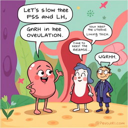 A comic panel featuring anthropomorphized hormones: Estrogen and Progesterone, depicted as two friendly, cartoonish characters, and GnRH and LH as their counterparts