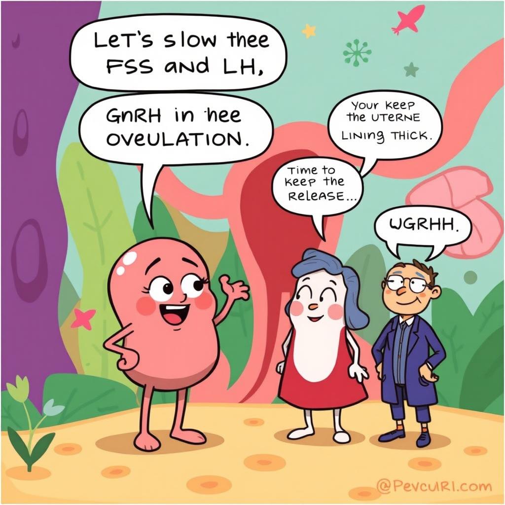 A comic panel featuring anthropomorphized hormones: Estrogen and Progesterone, depicted as two friendly, cartoonish characters, and GnRH and LH as their counterparts