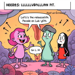 A comic panel featuring anthropomorphized hormones: Estrogen and Progesterone, depicted as two friendly, cartoonish characters, and GnRH and LH as their counterparts
